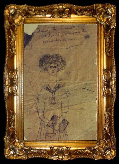 framed  Frida Kahlo In her earliest documented self-portrait,drawn for a schoolmate in 1922, ta009-2